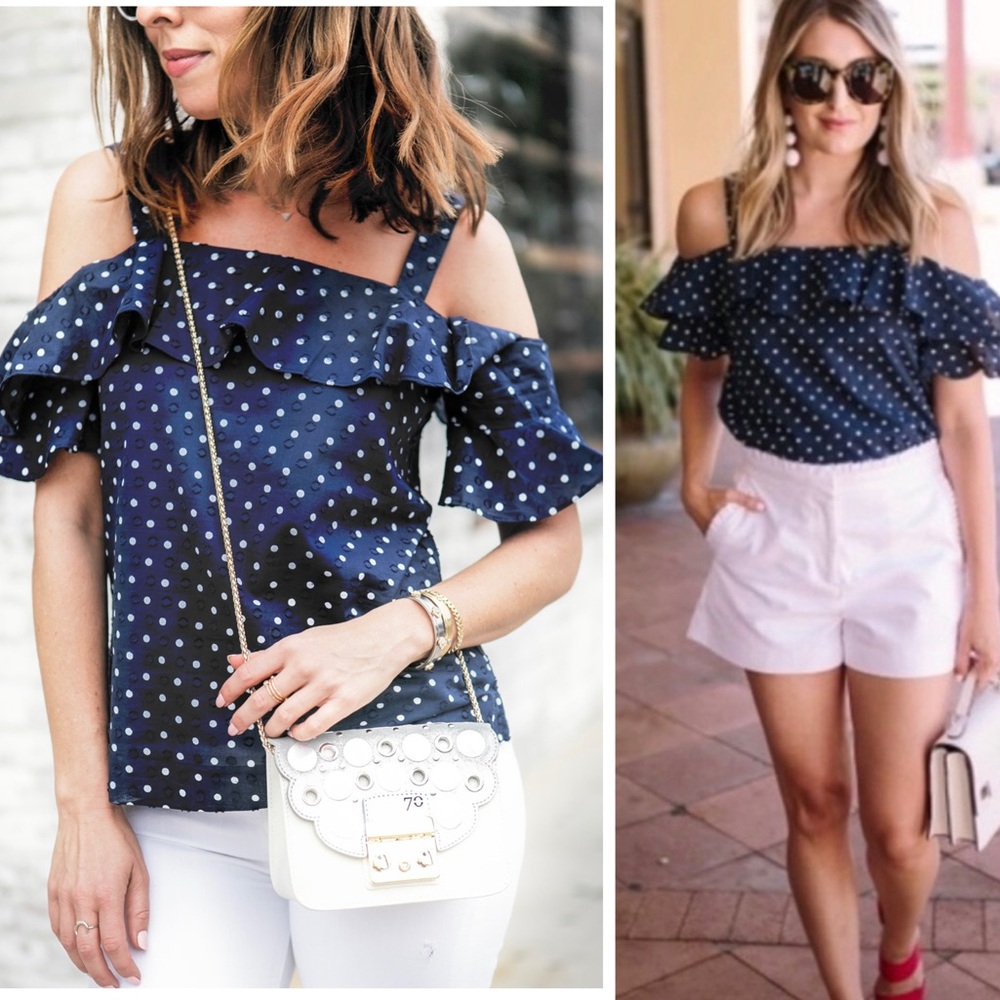 J. Crew Navy Dot Ruffled Off-Shoulder Top